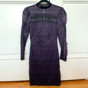 Topshop Women Black Dark Purple Lace Overlay Long Sleeve Mini Party Dress US 2